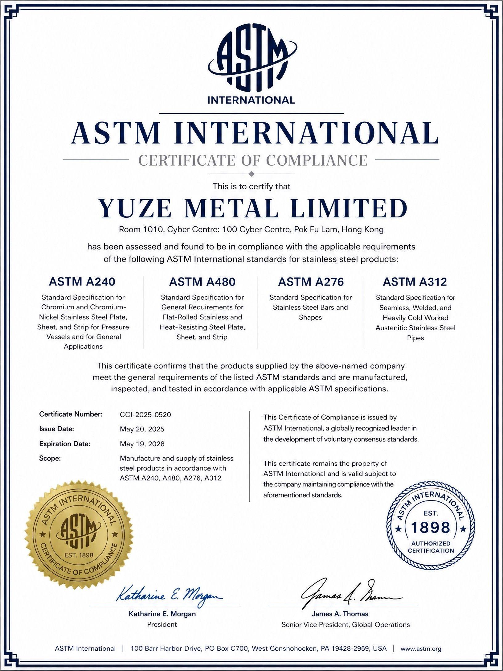 ASTM standards certificate