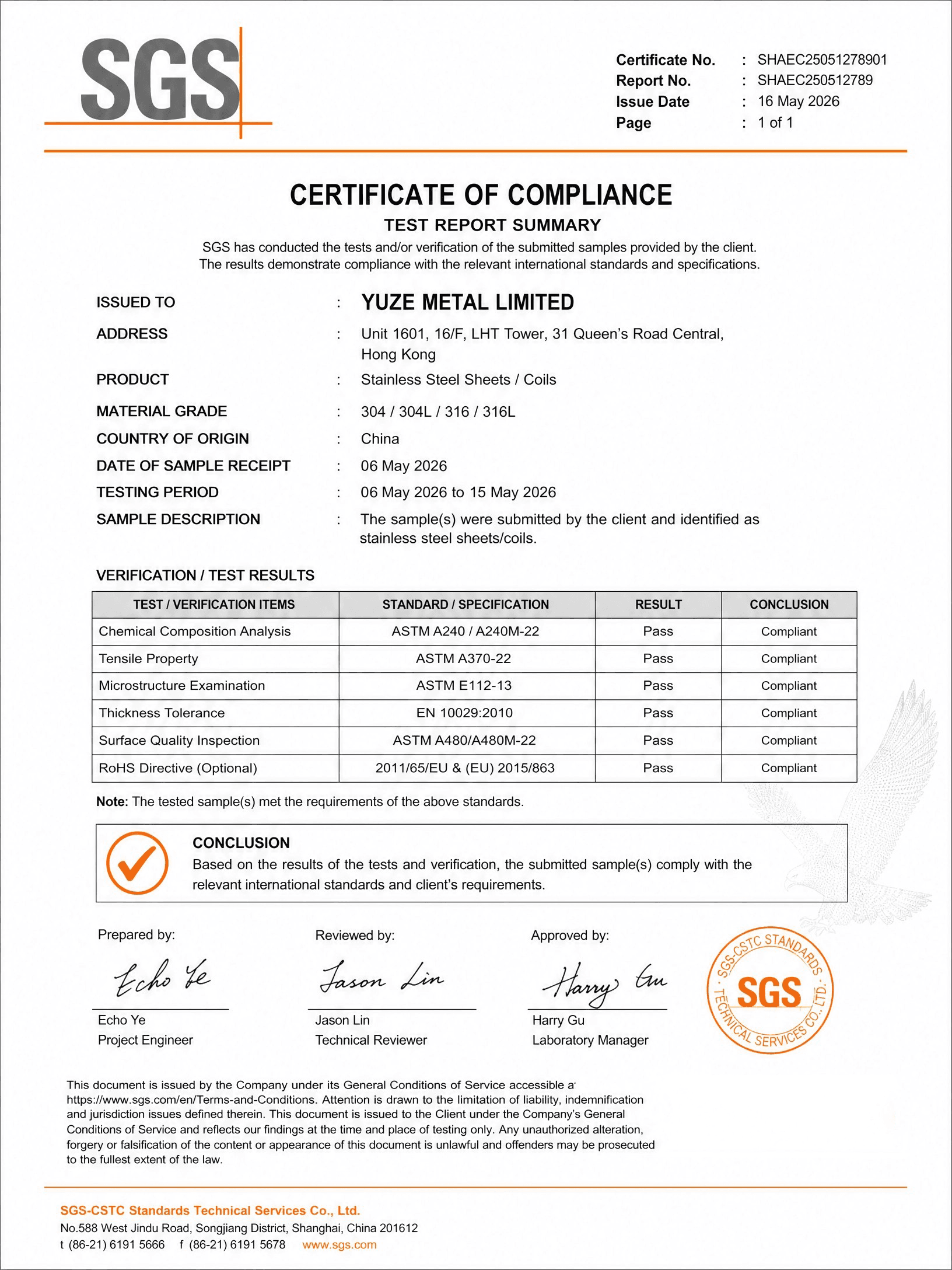 SGS inspection certificate